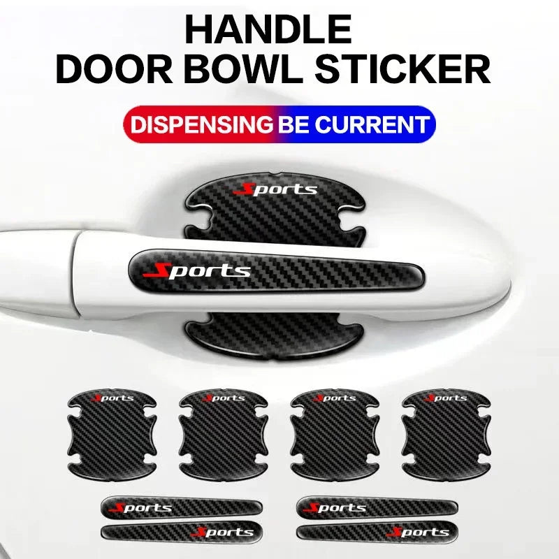 A set of black carbon fiber stickers for car door handles, including a dispensing be current sticker.