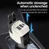 A white car charger with a Type-C connector is shown being used to charge a device.