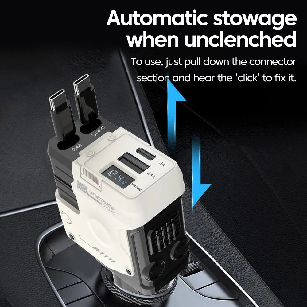 A white car charger with a Type-C connector is shown being used to charge a device.