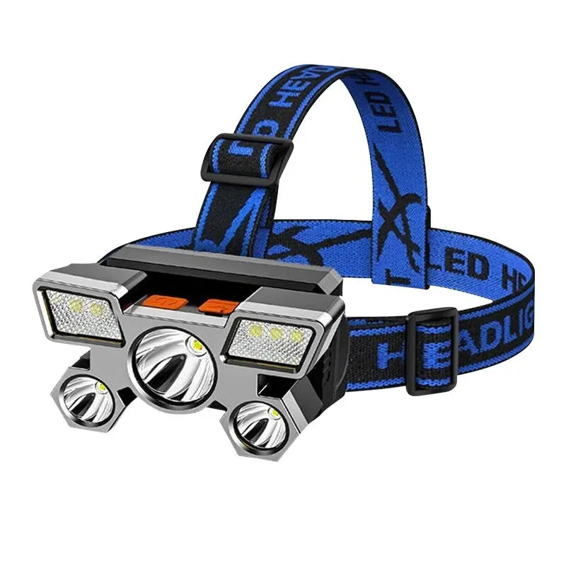 A black and blue rechargeable LED headlamp with a strap is shown against a white background.