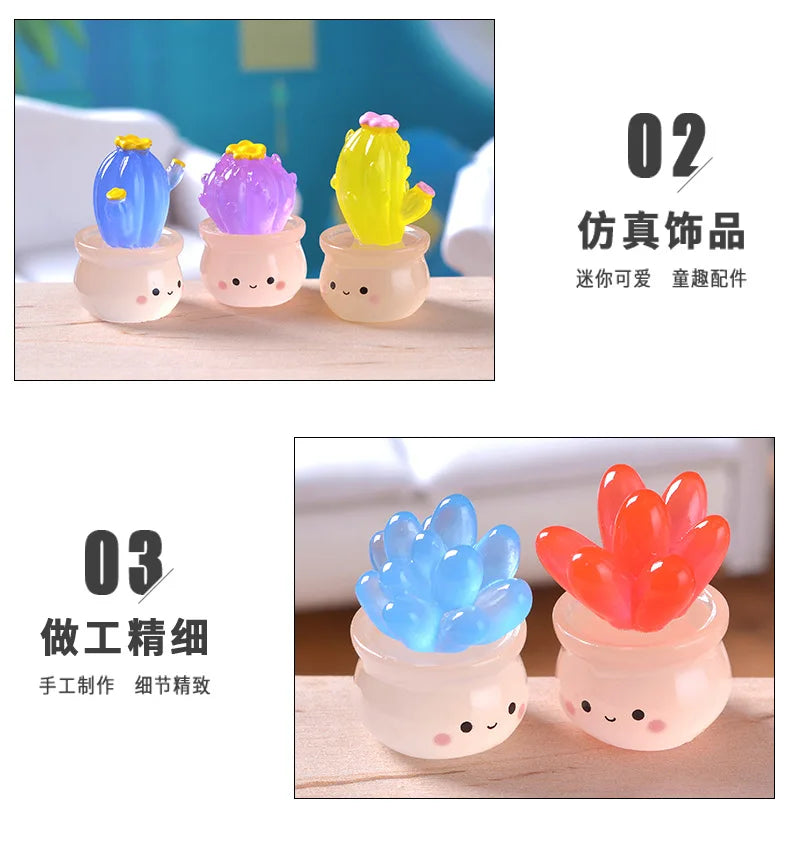 Three colorful luminous succulent cactus miniatures in ceramic pots displayed on a wooden surface.