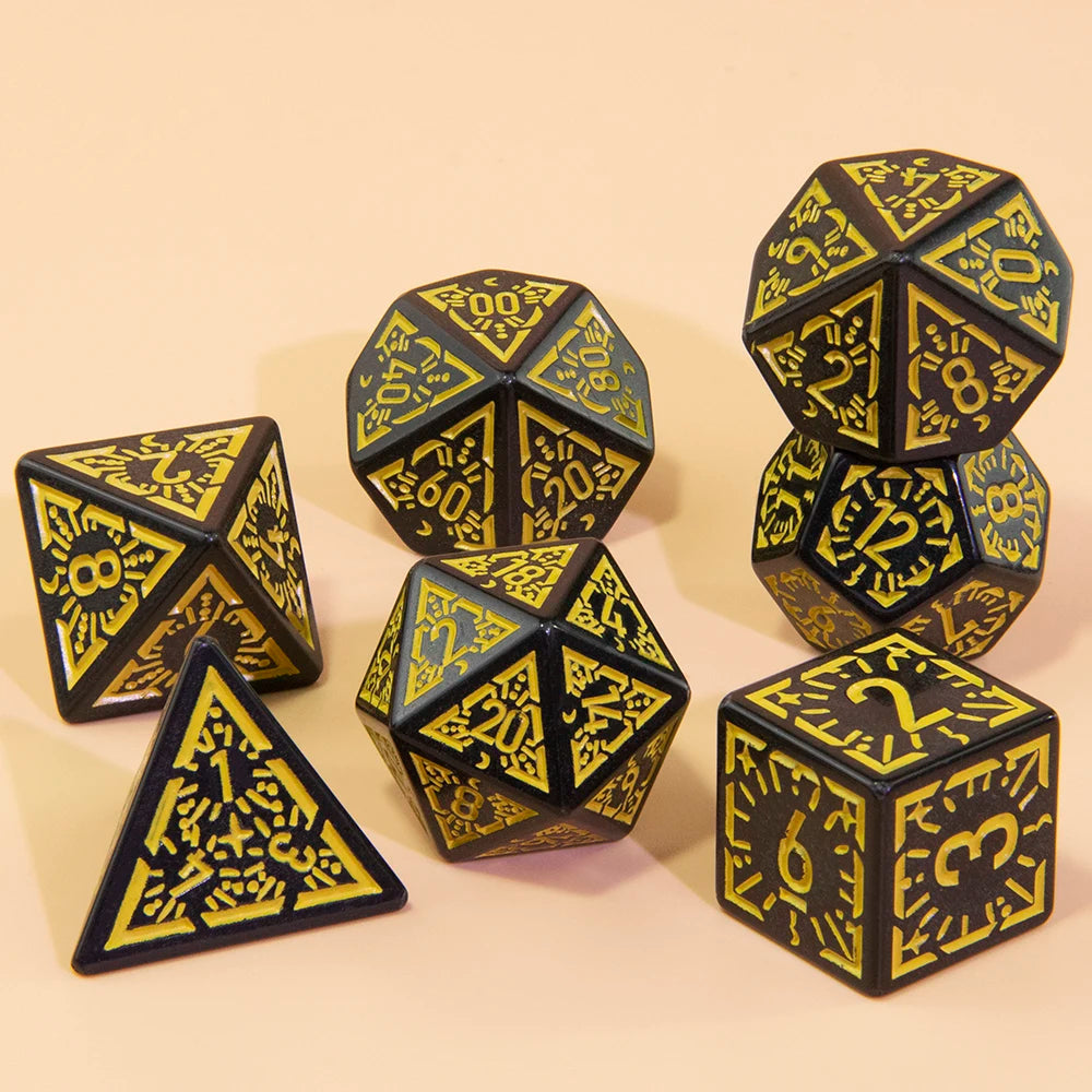 A set of black and yellow polyhedral dice, including a d10, d8, d6, and d20, displayed on a light background.