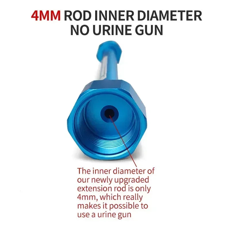 A close-up view of a blue extension rod with a 4mm inner diameter tip for use with an urine gun.