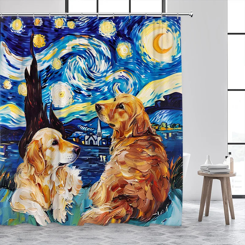 Cat Riding Dinosaur Shower Curtain with Ocean Wave Design
