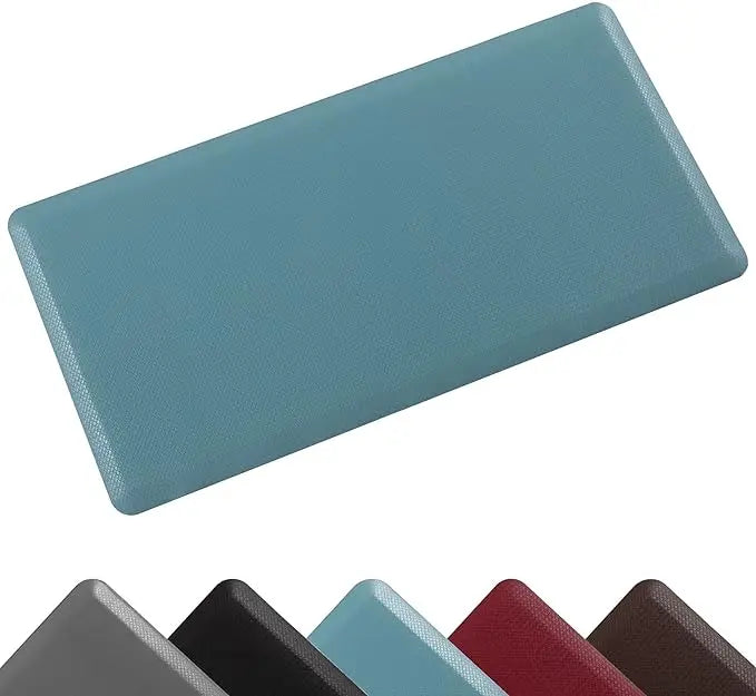 A rectangular blue anti-fatigue standing mat shown at an angle.