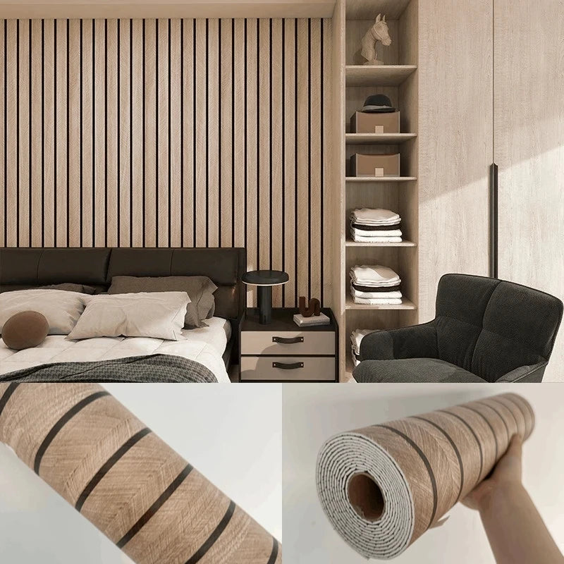 Roll of self-adhesive wood grain wallpaper featuring vertical stripes in beige and white tones.