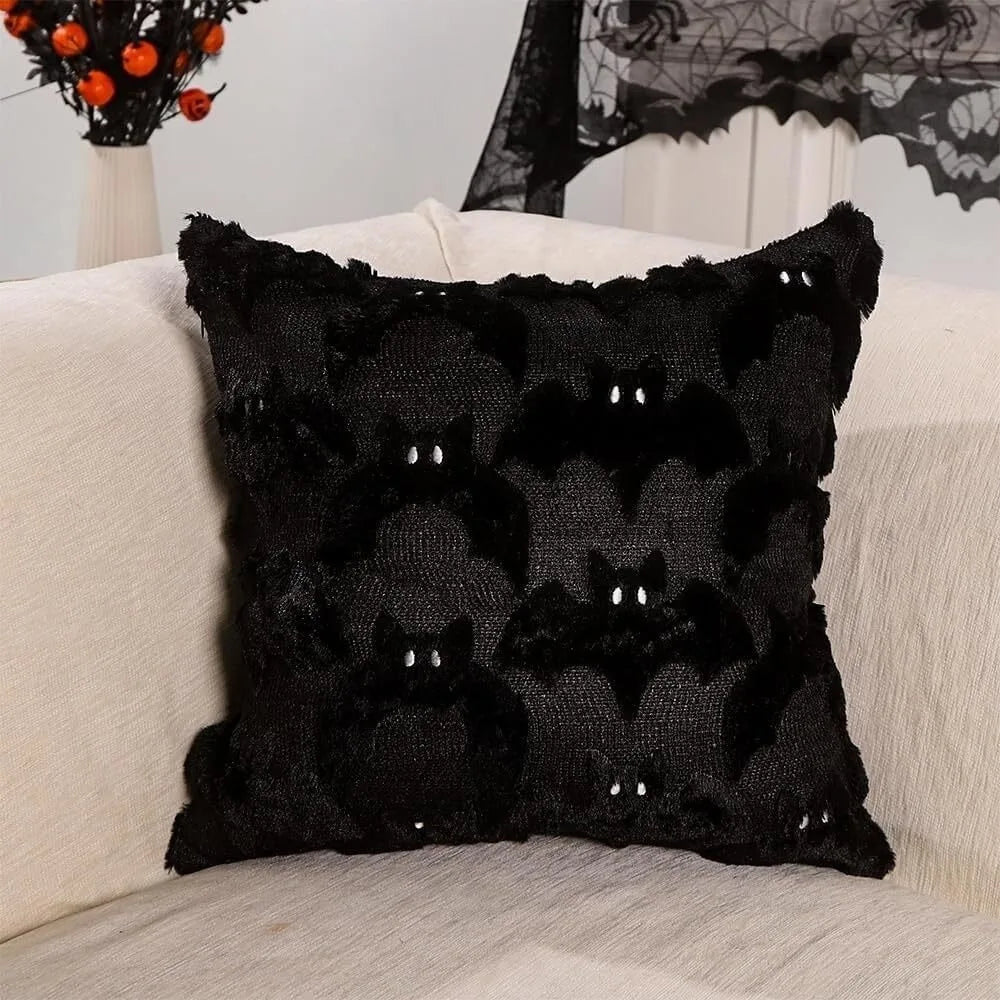 Black lace throw pillow cover featuring a Halloween ghost design with small white eyes