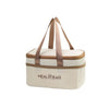 A beige insulated lunch bag with tan straps and a light beige thermal lining.