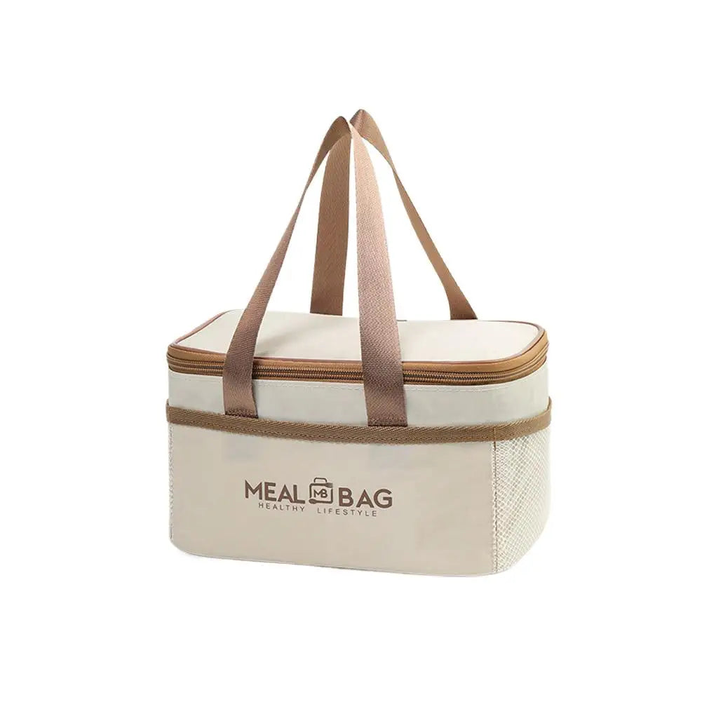 A beige insulated lunch bag with tan straps and a light beige thermal lining.