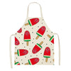 A white linen kitchen apron featuring a repeating pattern of sliced watermelon fruit illustrations.