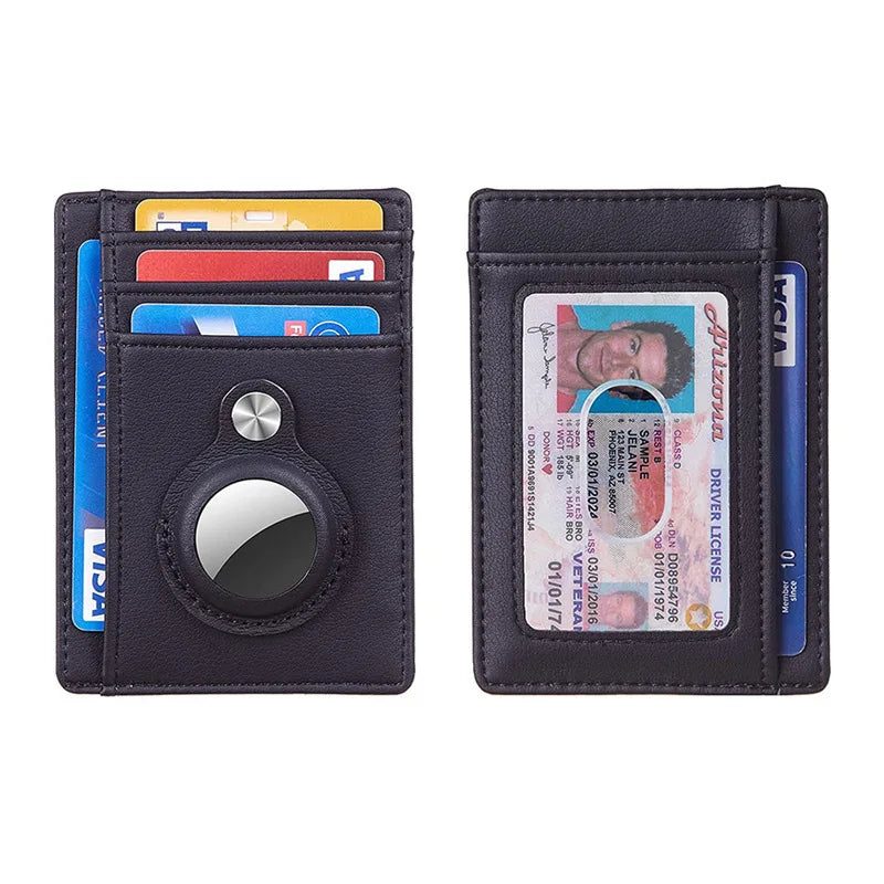 Cartera delgada negra con ranuras para tarjetas y AirTag, mostrada en dos vistas.