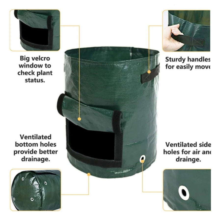 A green grow bag for plants showing features like a window, handles, and drainage holes.