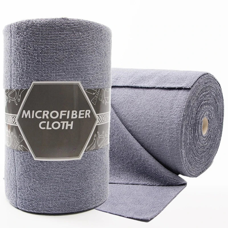 Roll of gray microfiber cloth cleaning wipes with an hexagonal label
