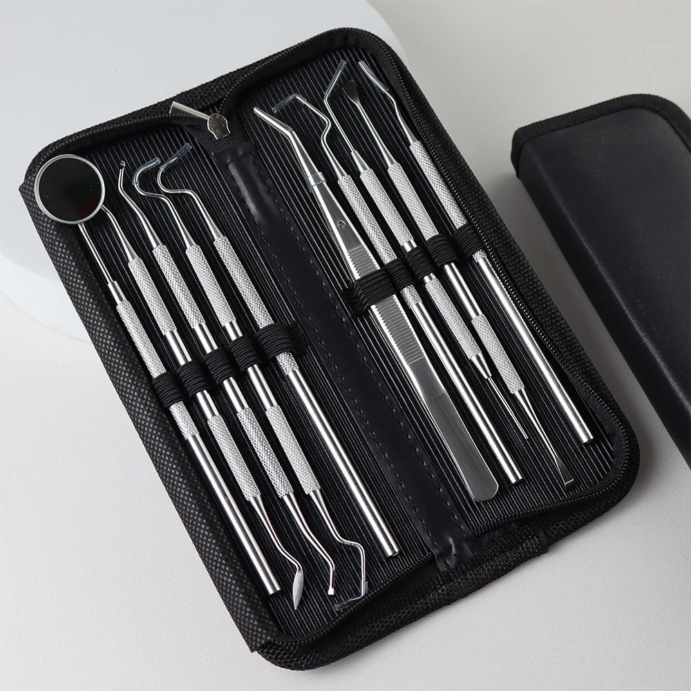 A black zippered case holding a set of premium stainless steel dental care tools for oral hygiene.