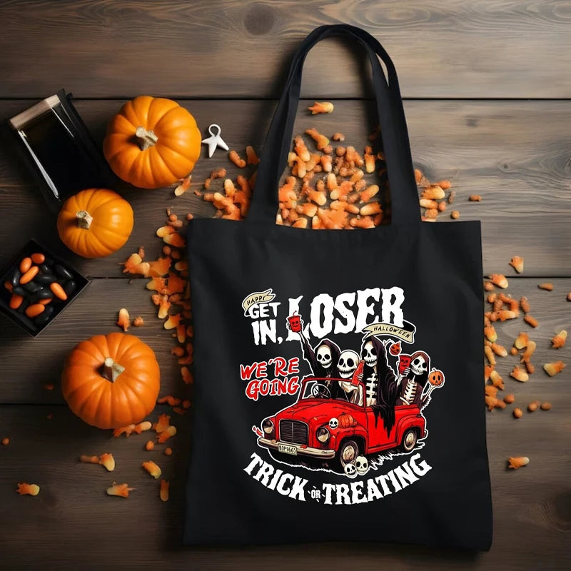 Halloween Canvas Tote Bag with 'Get in Losers' Print