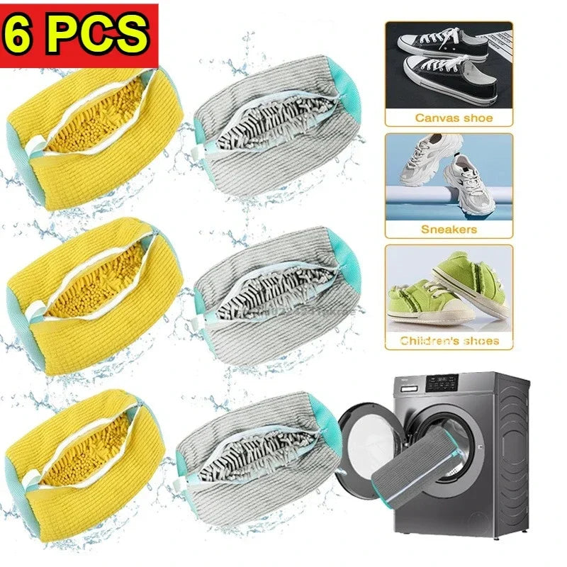 Six yellow and gray mesh laundry bags for protecting shoes during washing machine cycles