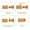 Diagram showing the steps to connect a solid brass garden hose quick connector set, including separating, pulling back to rel