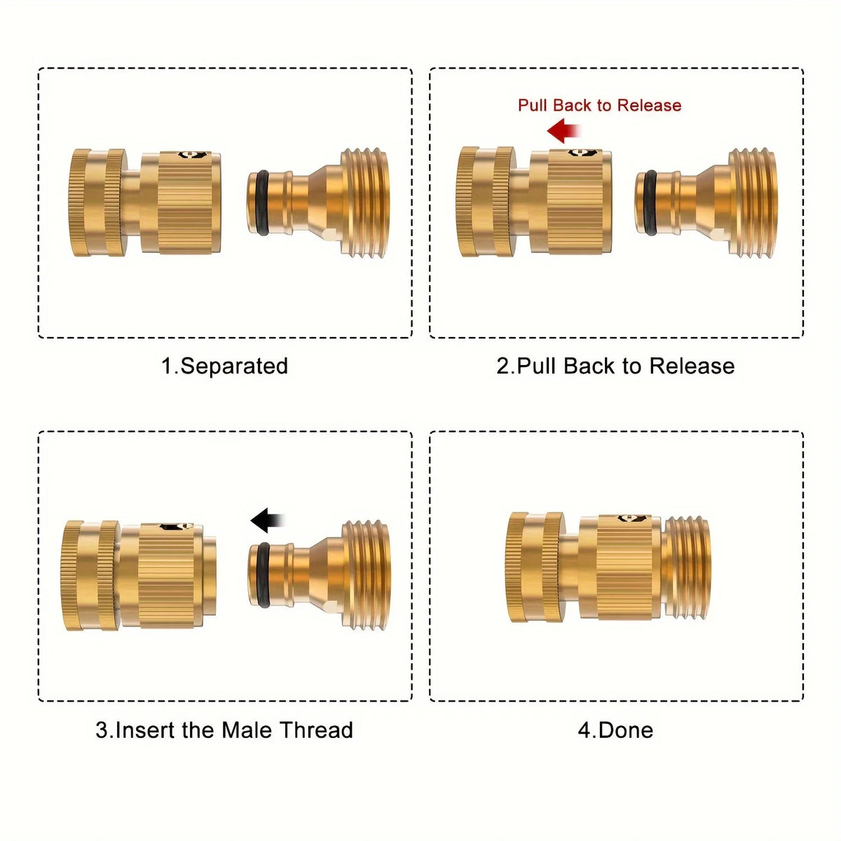 Diagram showing the steps to connect a solid brass garden hose quick connector set, including separating, pulling back to rel