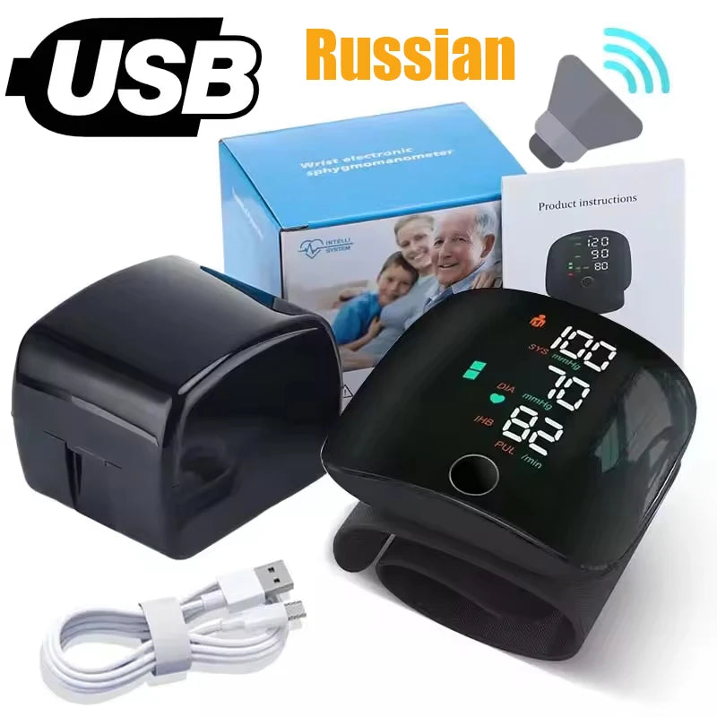 A black portable automatic wrist sphygmomanometer device and its accompanying power cord are shown next to the product box.