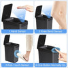 Four views showing the operation of a motion sensor slim trash can with automatic lid: hand, knee bend, kick touch, and one b