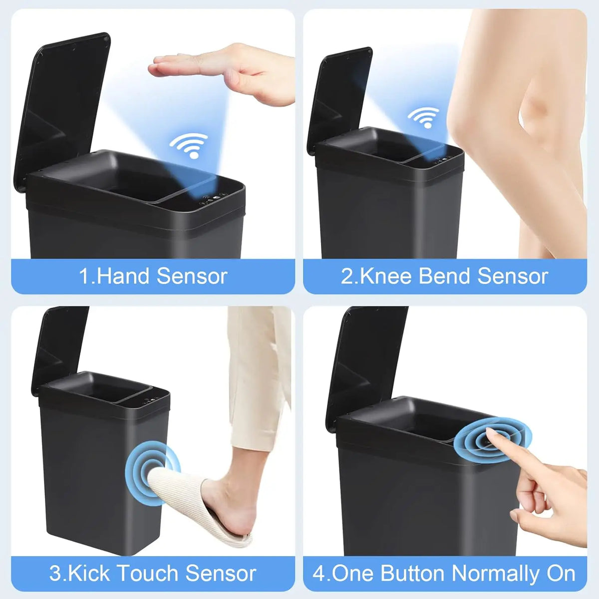 Four views showing the operation of a motion sensor slim trash can with automatic lid: hand, knee bend, kick touch, and one b