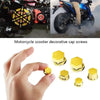 A hand holds a set of gold decorative bolt caps used for motorcycle scooter engine covers.
