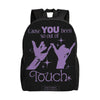 Black canvas daypack backpack featuring purple text that reads Cause You been so out of touch