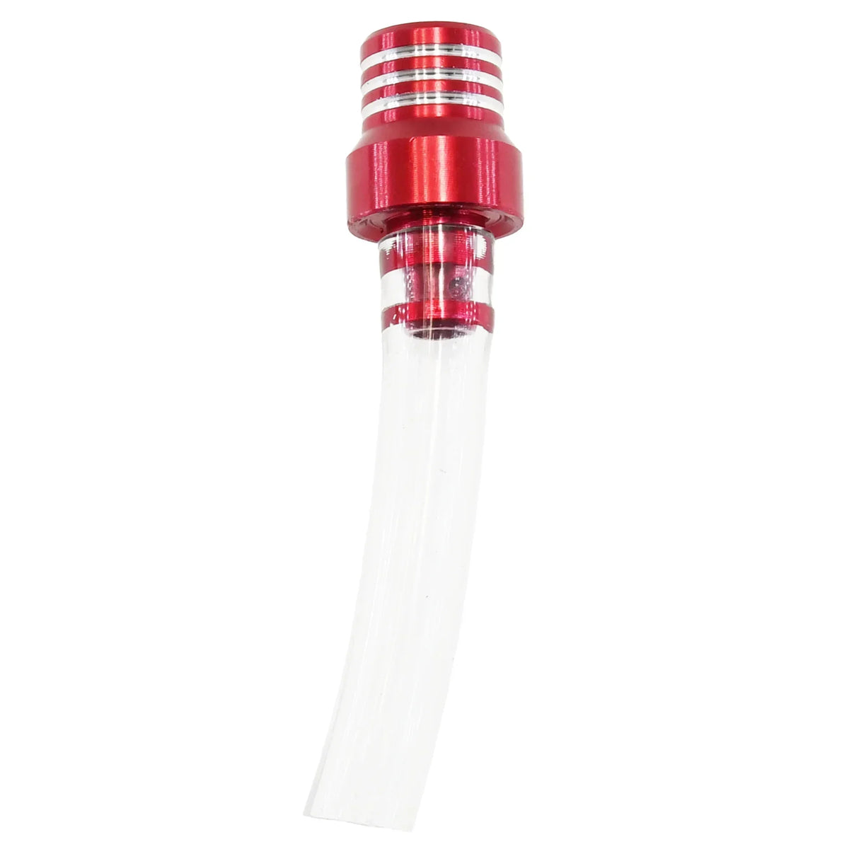 A clear plastic fuel tank breather valve with a red and silver top fitting.