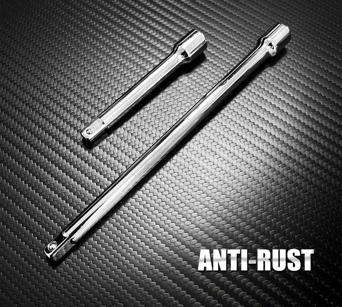 A silver anti-rust ratcheting socket and Allen wrench set lying on a dark, textured surface.