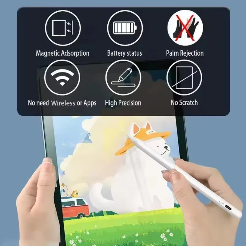 A hand holds a white stylus pen over a tablet screen, demonstrating its use for high precision touch input.