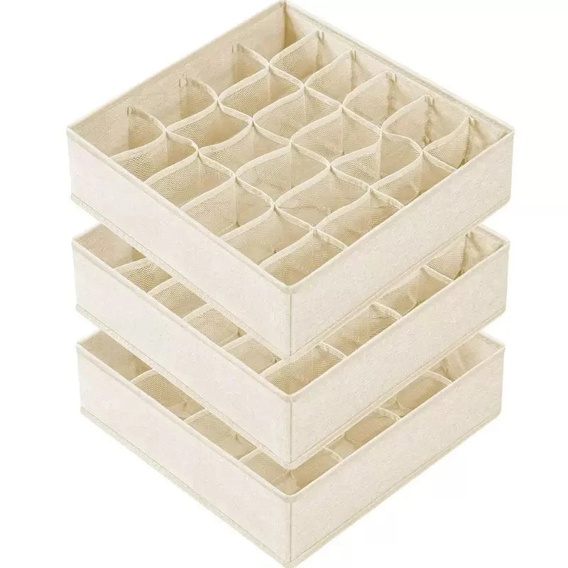 A beige fabric organizer with multiple compartments for drawers and closets.