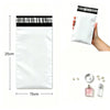 A white self-sealing mailing bag is shown next to a hand, with perfume bottles and a silver seal visible.