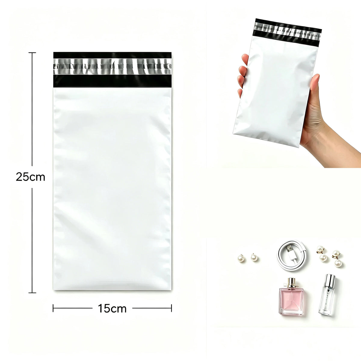 A white self-sealing mailing bag is shown next to a hand, with perfume bottles and a silver seal visible.