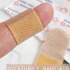 A hand holds a square, yellowish adhesive bandage with a honeycomb texture against a white background.