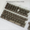 A transparent acrylic case holding a full set of cherry profile mechanical keycaps for a keyboard