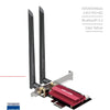 A Wi-Fi 6E Tri-Band AX5400 PCI-E adapter featuring two antennas and a red circuit board.