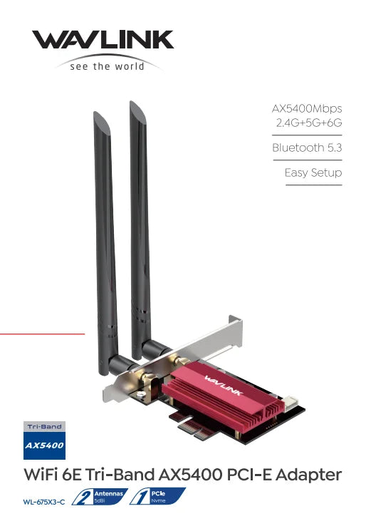 A Wi-Fi 6E Tri-Band AX5400 PCI-E adapter featuring two antennas and a red circuit board.