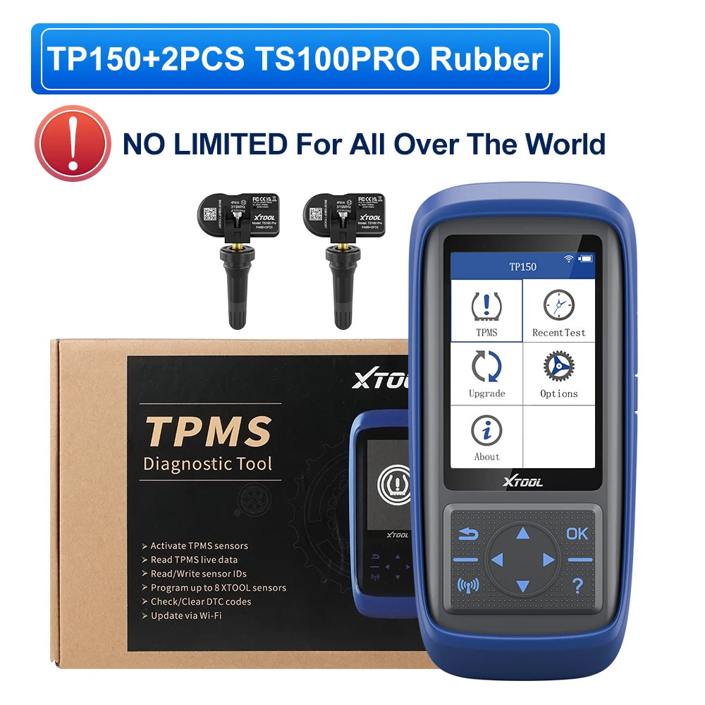 XTOOL TP150 diagnostic tool with two rubber sensors and packaging box