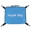 Blue waterproof kayak bag with black straps and a blue handle.