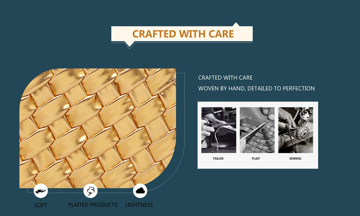 Close-up of a gold woven clutch bag showing texture and craftsmanship details.