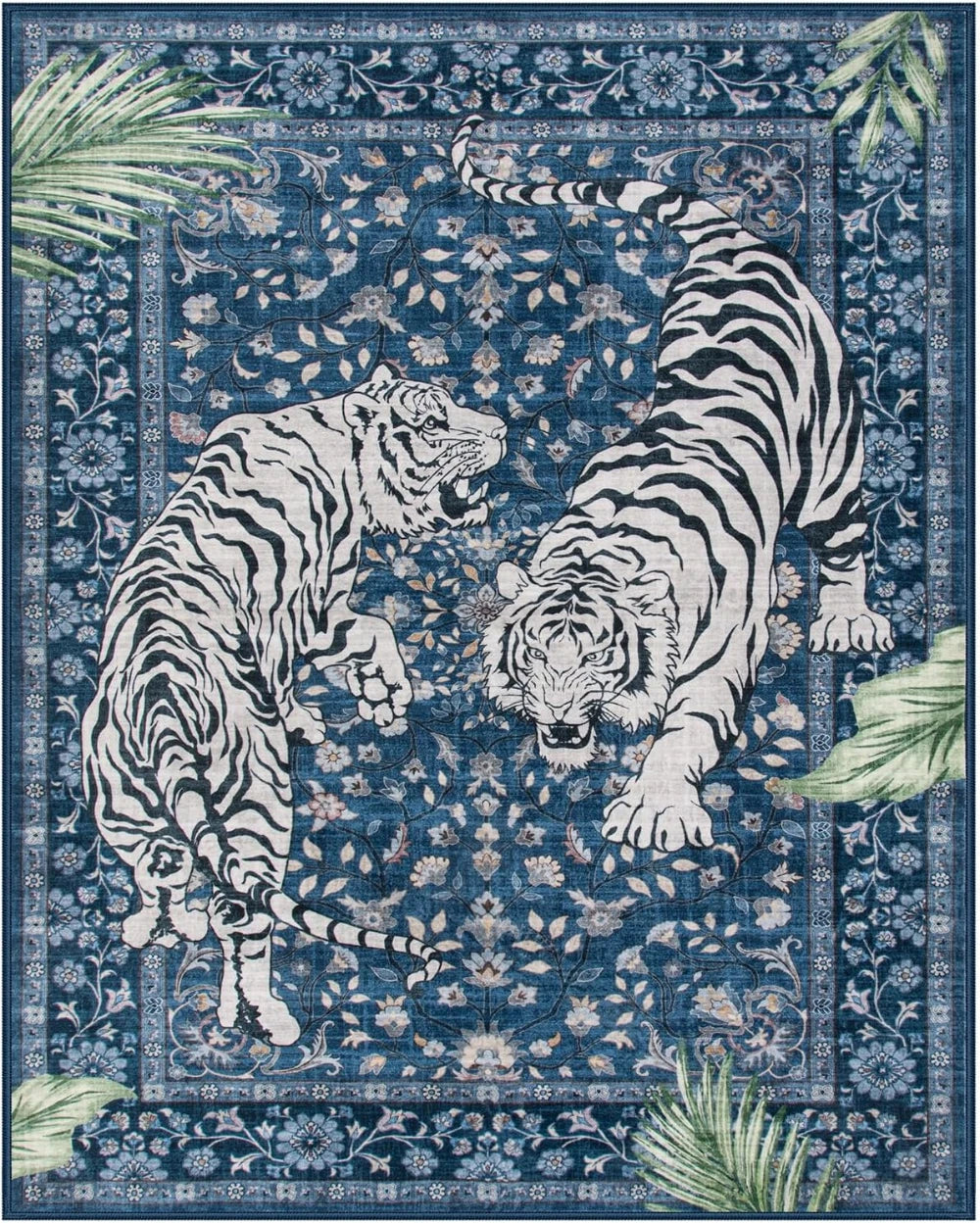 A blue area rug featuring a detailed print of two tigers, one striped and one with a mane.