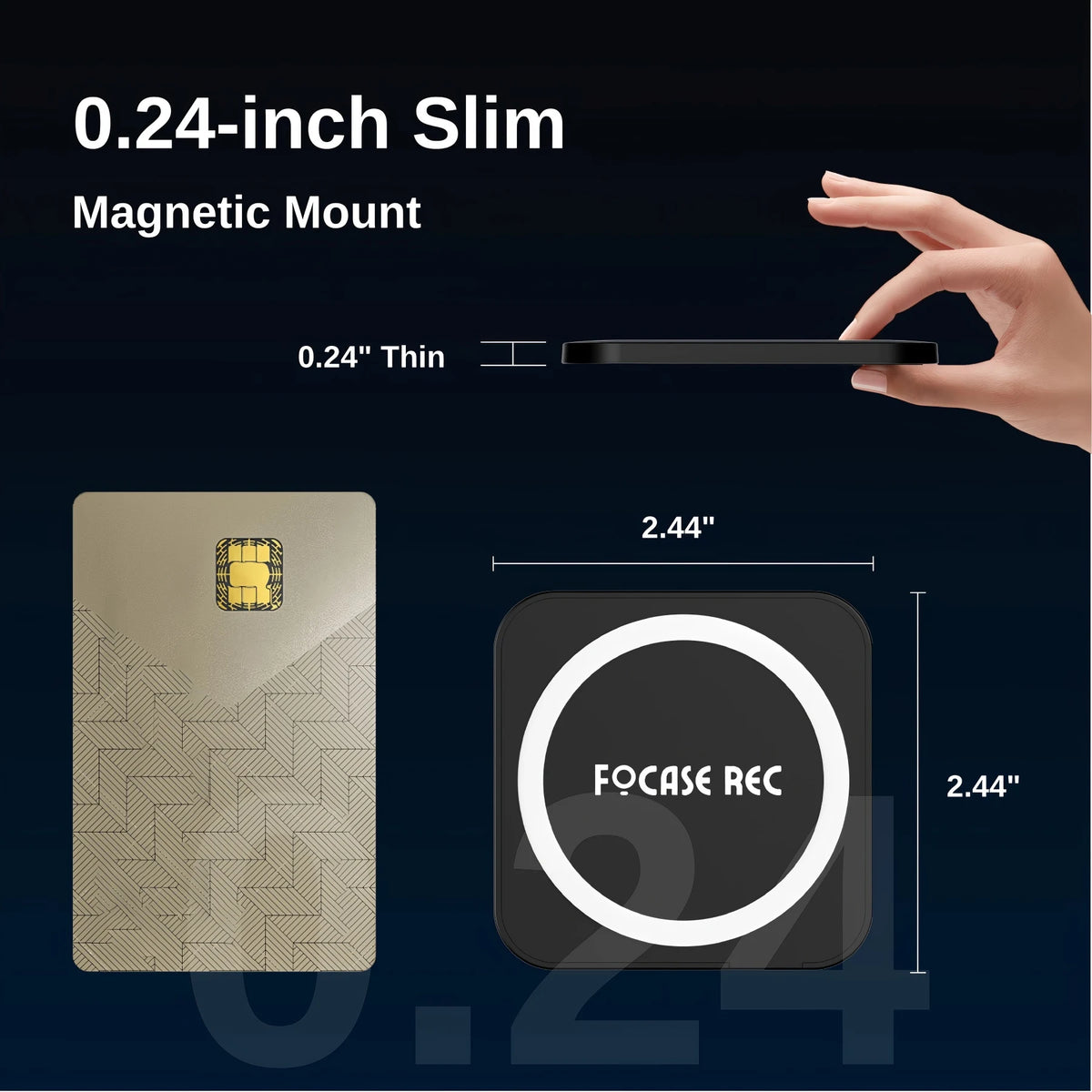 A hand is holding a thin magnetic mount for an AI voice recorder with auto transcription and summarization features.