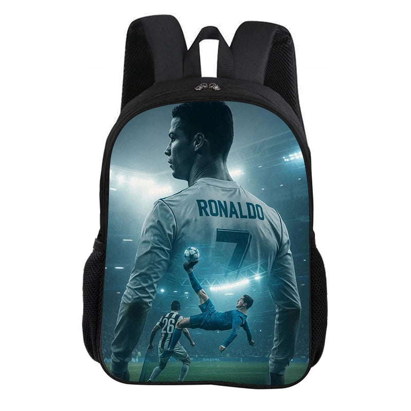 A black backpack featuring a graphic of Ronaldo in a soccer jersey.