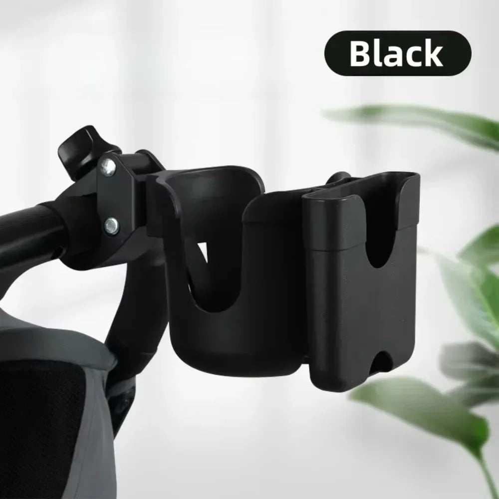 Black 2-in-1 stroller cup holder and phone mount clamp shown in a close-up view.