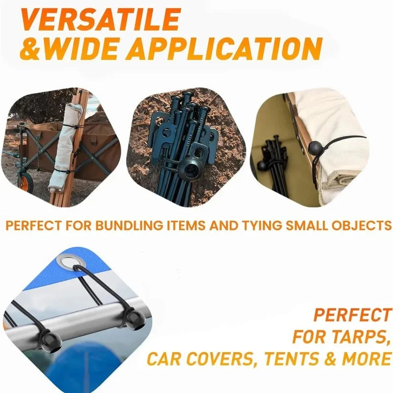 Heavy-duty elastic bungee cords with ball ends used for bundling items and tying tarps, tents, and car covers