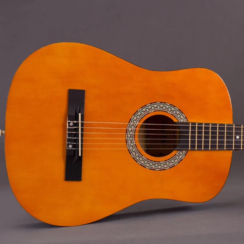 A bright orange classical guitar with a soundhole and fretboard is shown against a gray background.
