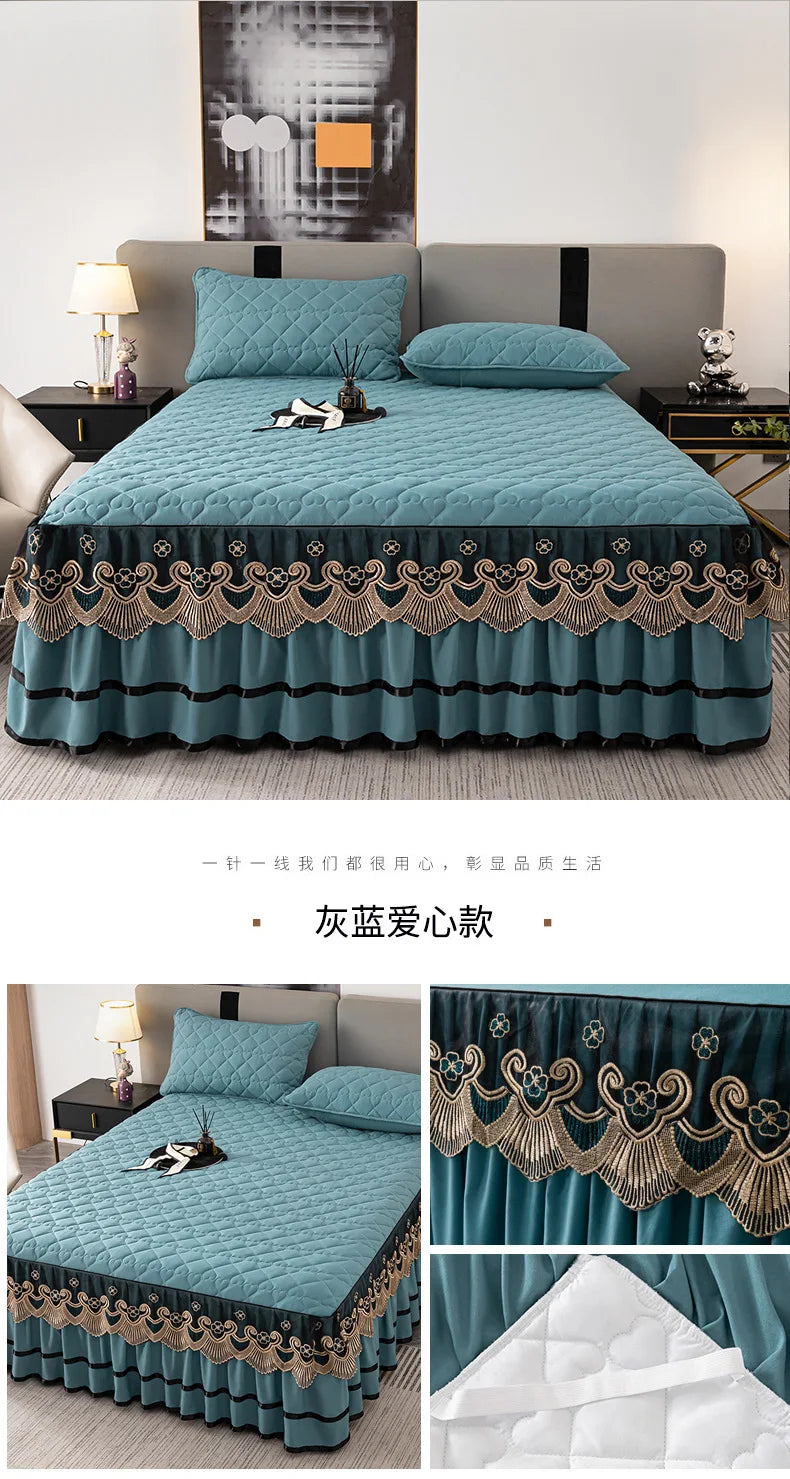 Gold Embroidered Lace Bed Skirt with Heart Pattern
