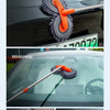 Extendable car wash mop with dual chenille brush heads shown cleaning a car windshield and bonnet.