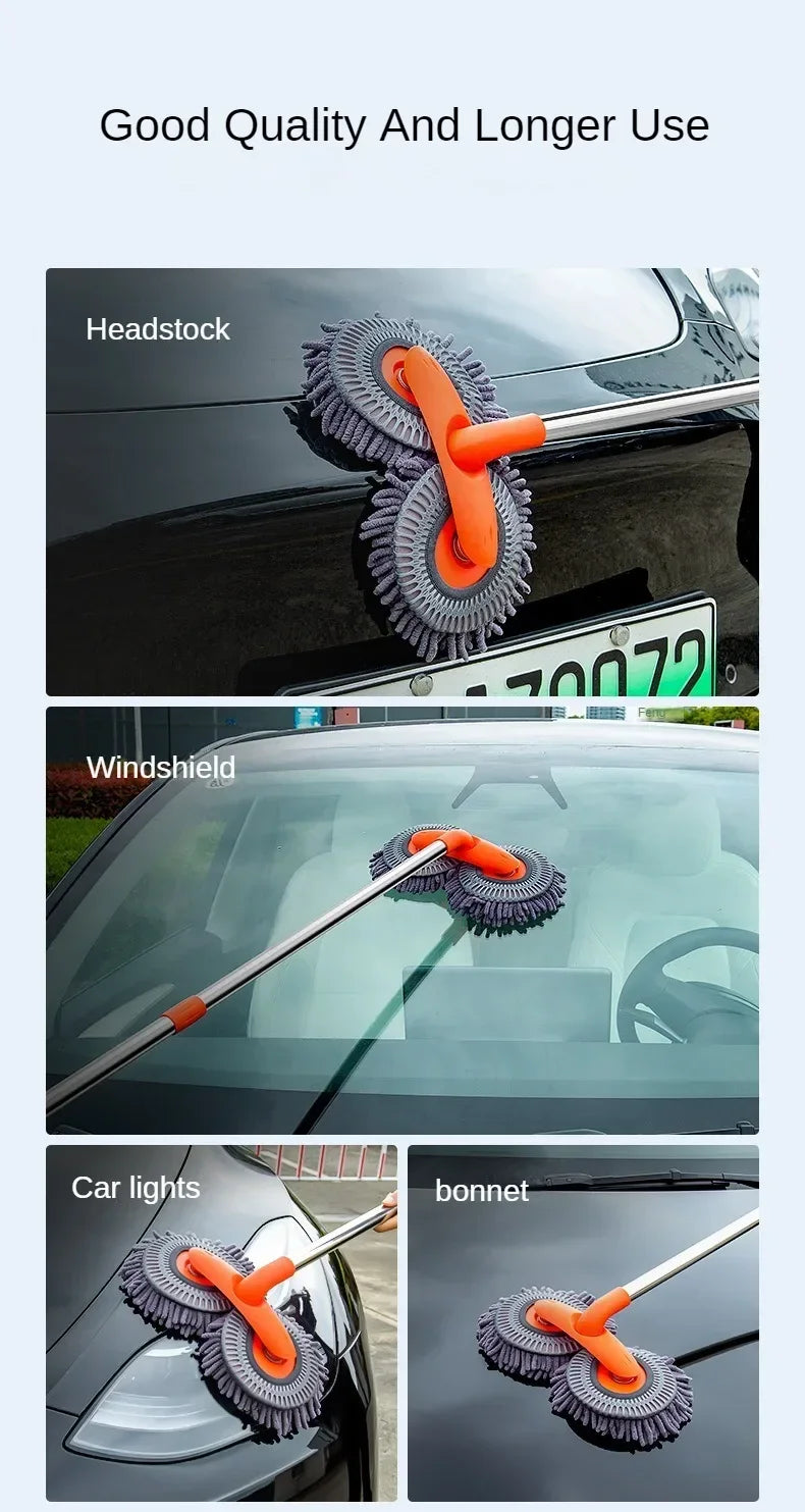 Extendable car wash mop with dual chenille brush heads shown cleaning a car windshield and bonnet.