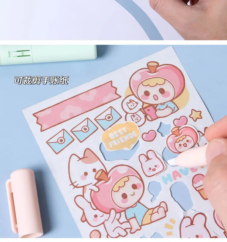Pink and white paper featuring cute animal characters and shapes for crafting, with a pink pen-shaped safety scissor nearby.
